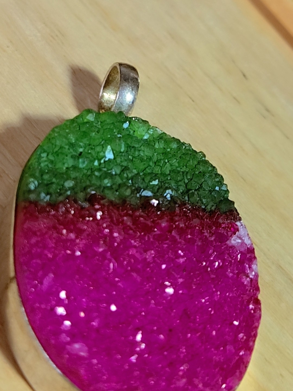 Green and Pink Watermelon Crystal Druzy Oval Pendant In 925 Silver - Picture 9 of 15